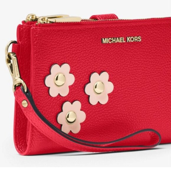 New Michael Kors Adele Floral Appliqué Leather Smartphone Double Zip Wristlet - Picture 2 of 13